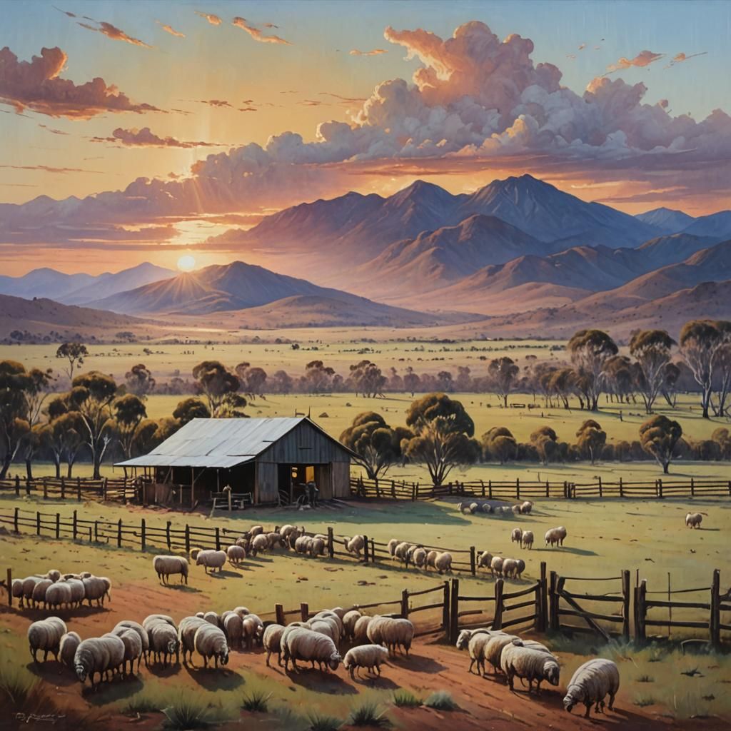 Australian Shearing Shed at Sunset: Oil Painting