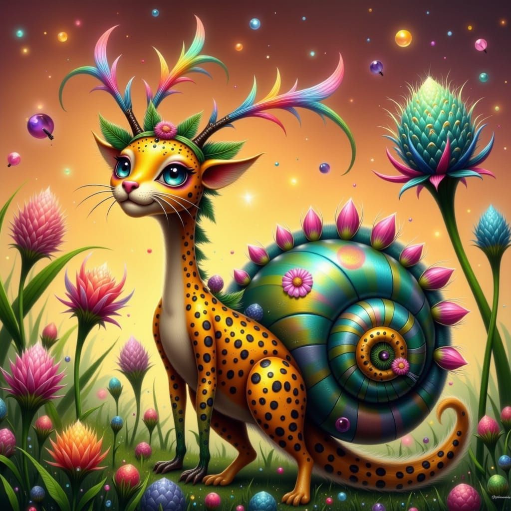 Vibrant Whimsical Snail-Cheetah in Tropical Paradise