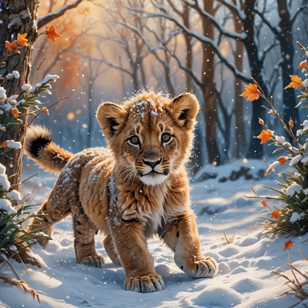 Lion Cub with Fox Features in Winter Wonderland
