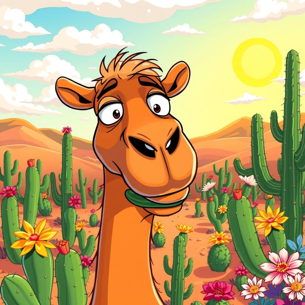 Cartoon Camel Chewing Cactus in Desert Scene