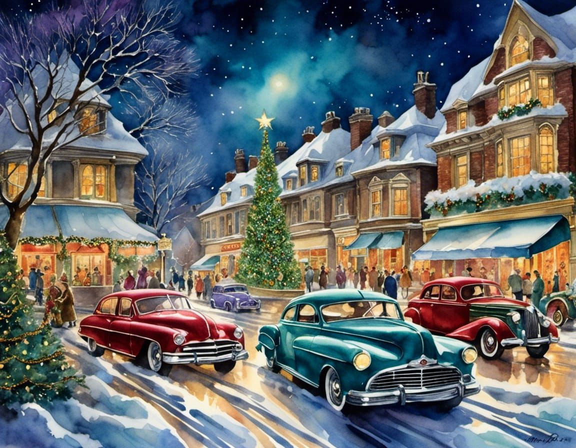 1950s Christmas Town in Watercolor Style