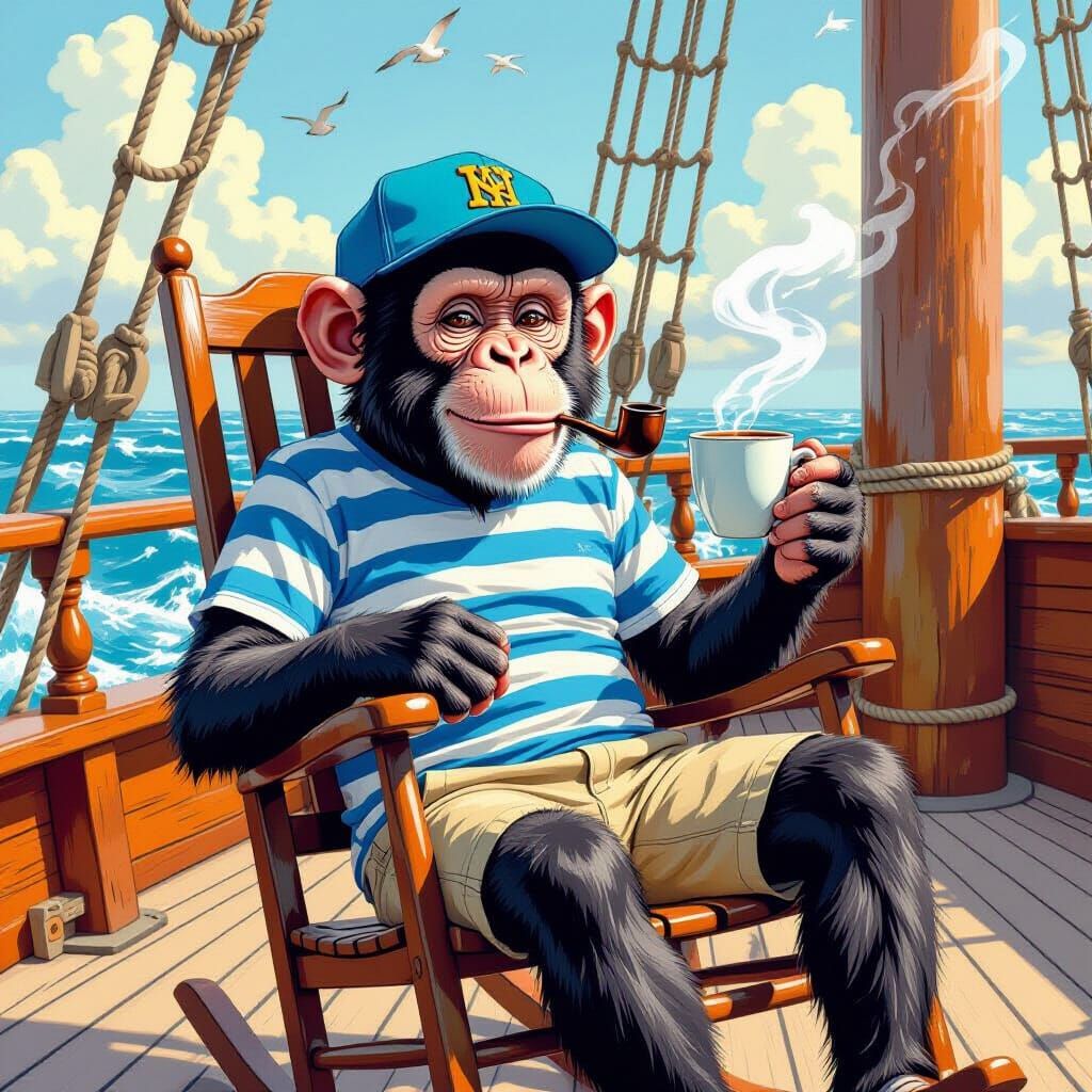 the deck of a schooner , a monkey is sitting in a rocking ch...