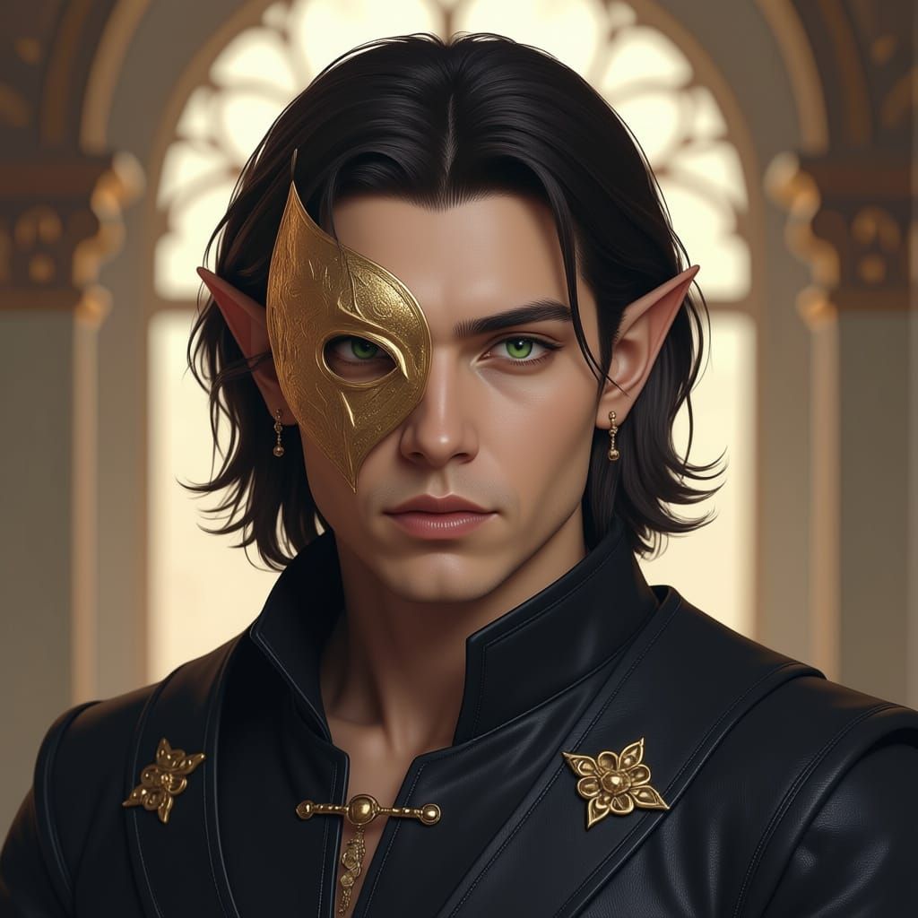 Dark Fantasy Elf with Emerald Eyes and Gold Mask