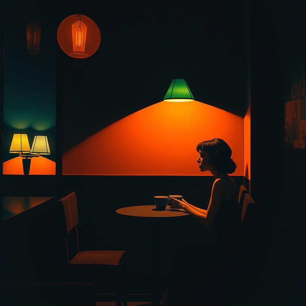 Nocturnal Coffeehouse Scene in Vibrant, Geometric Colors