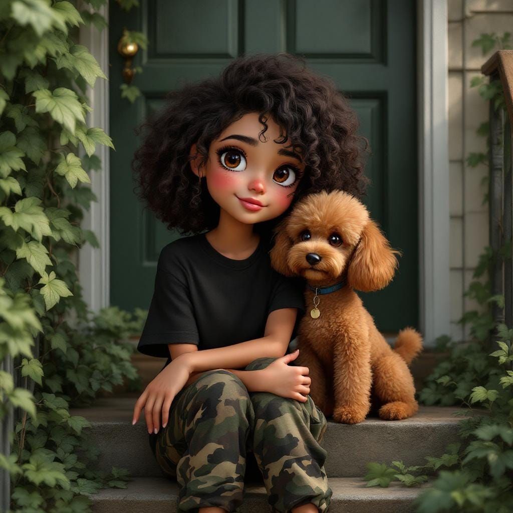 Chibi Woman and Poodle in Oil Painting Style