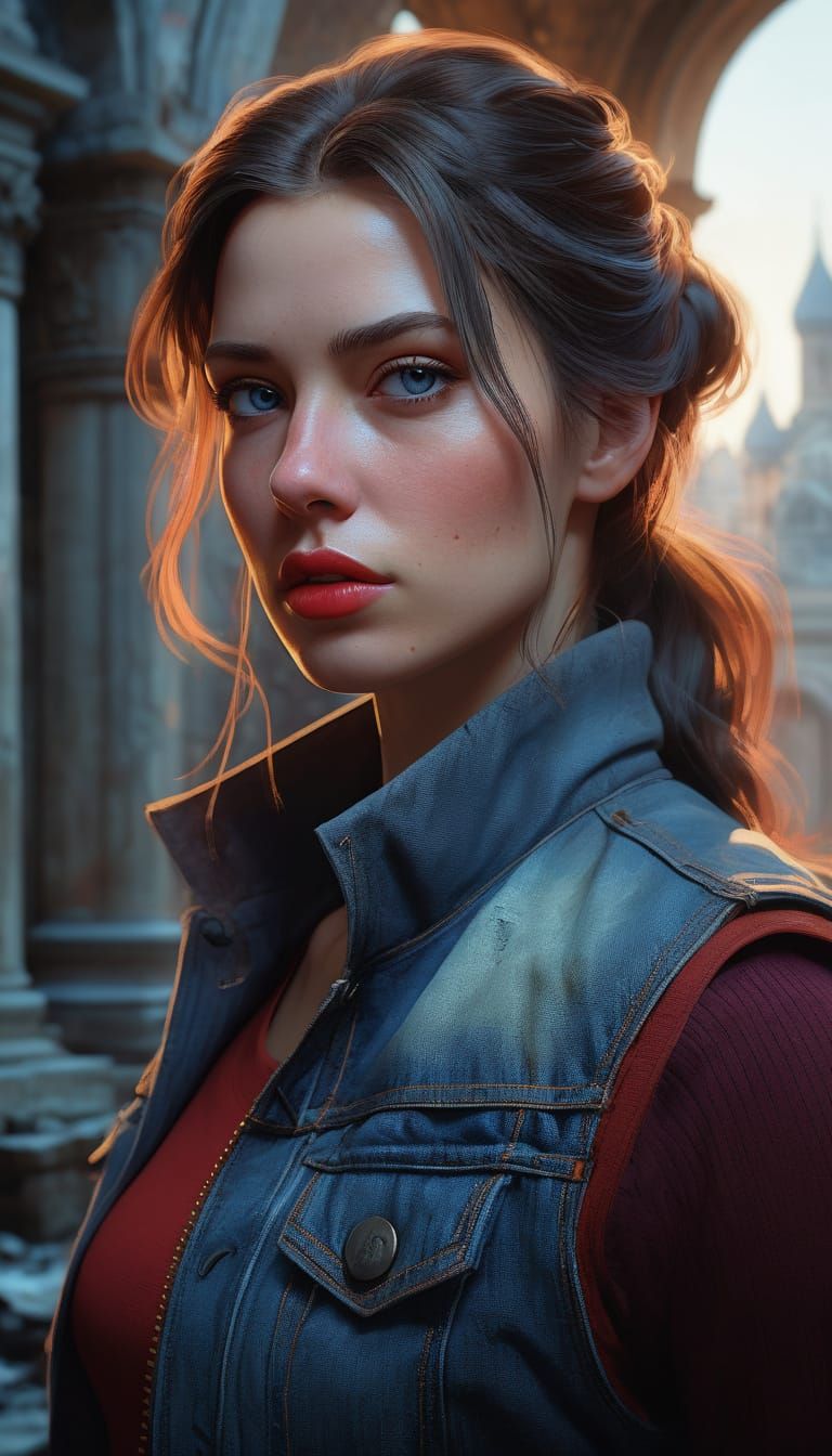 Beautiful Brunette in Citadel Ruins, Digital Art