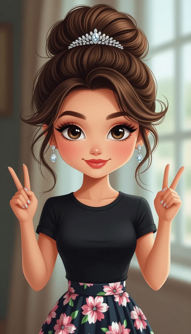 Chibi Woman in Floral Skirt, Photorealistic Portrait