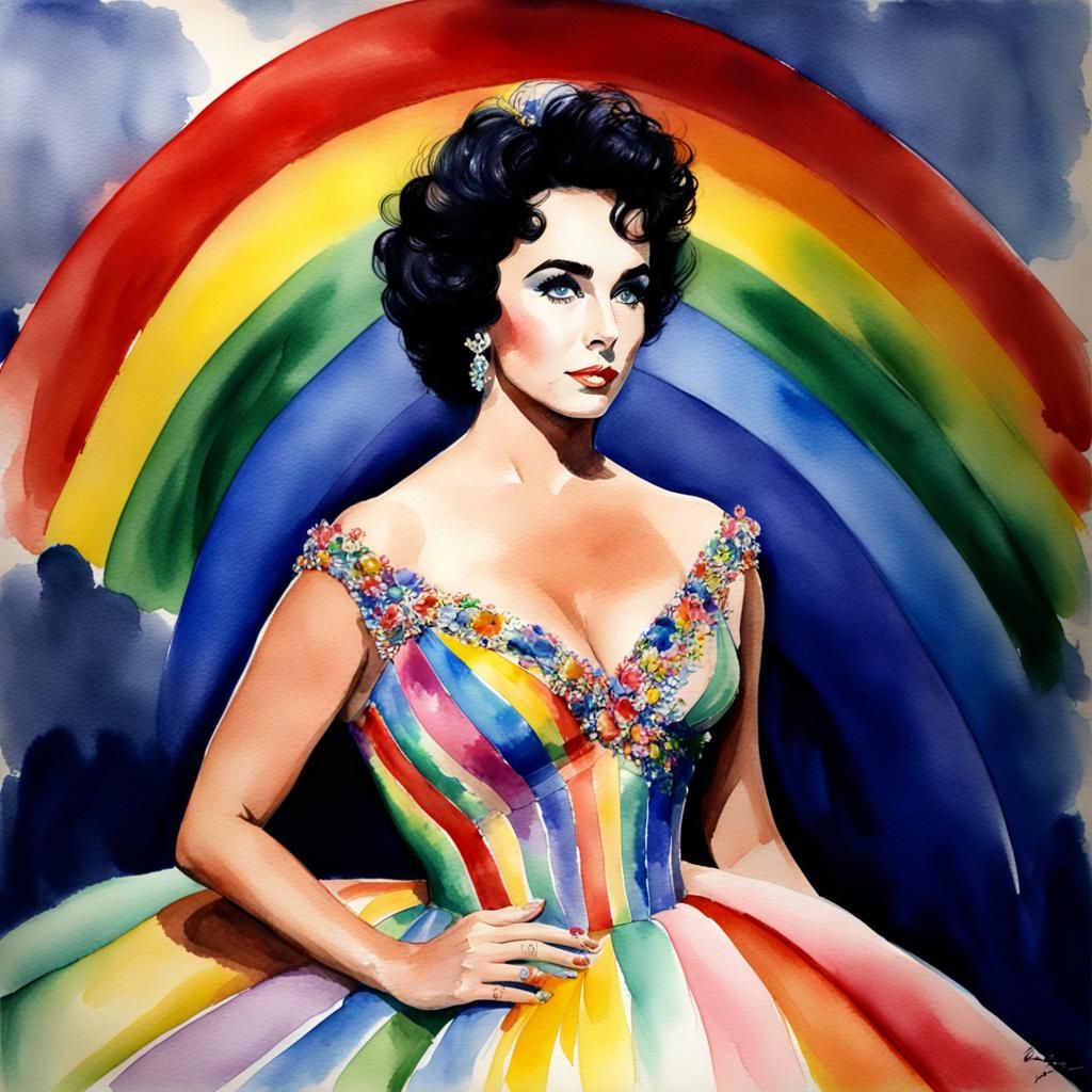 Elizabeth Taylor in Rainbow Gown, Watercolor Style