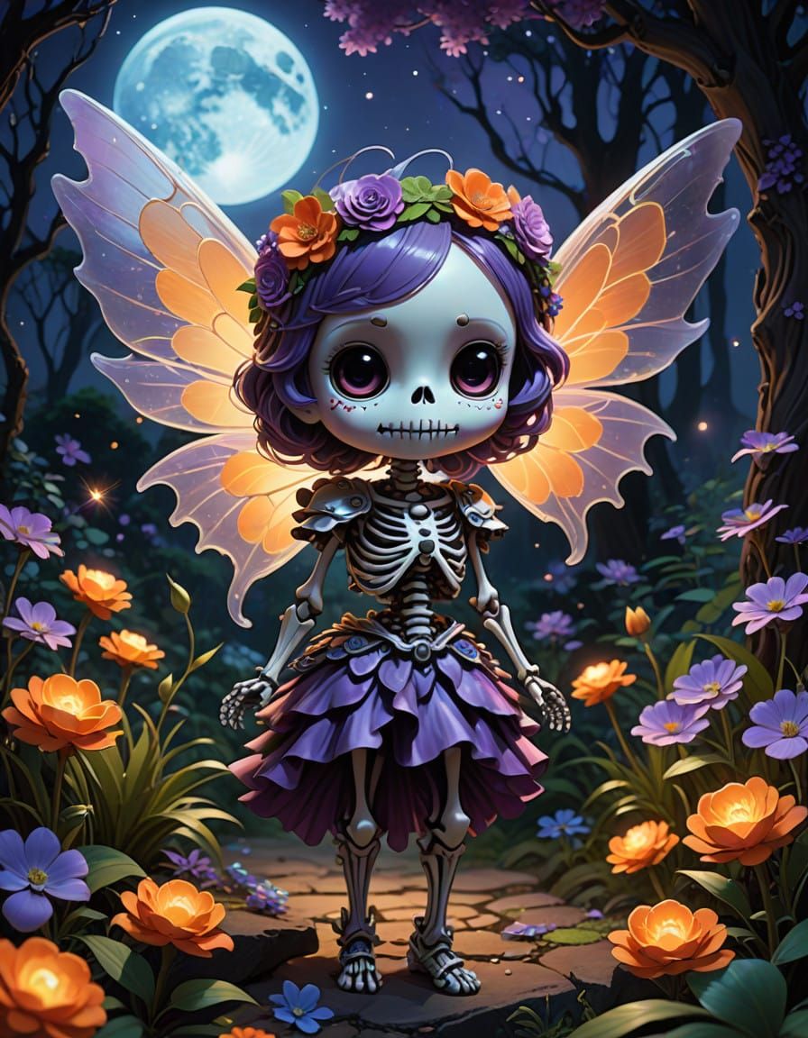 Whimsical Shadowy Skeleton in a Dreamy, Eerie Landscape