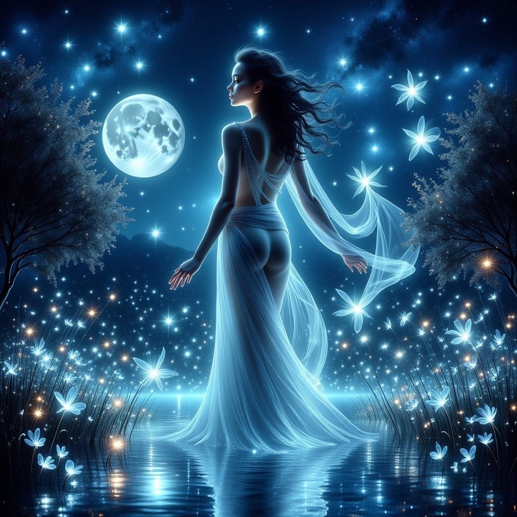 Radiant Woman in Luminous Moonlit Landscape