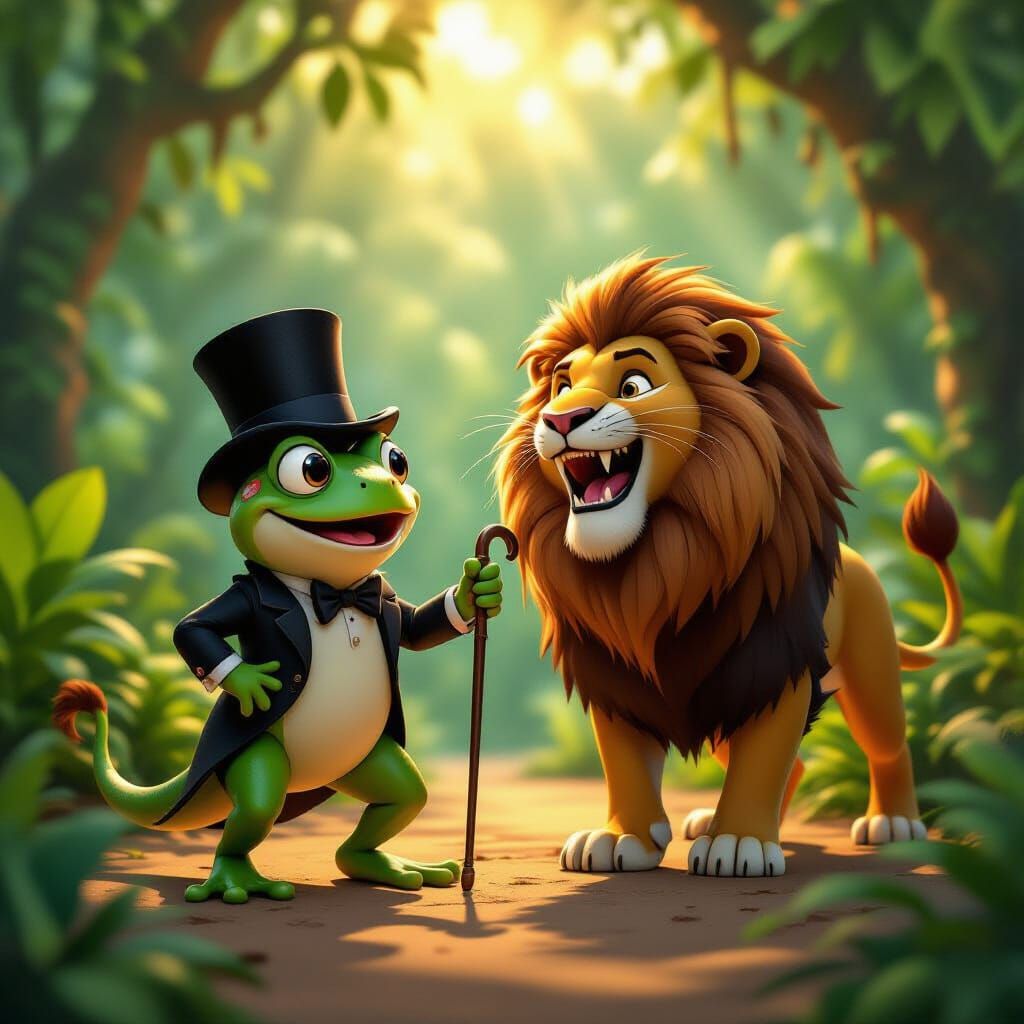 Dancing Cartoon Frog and Roaring Lion in Jungle