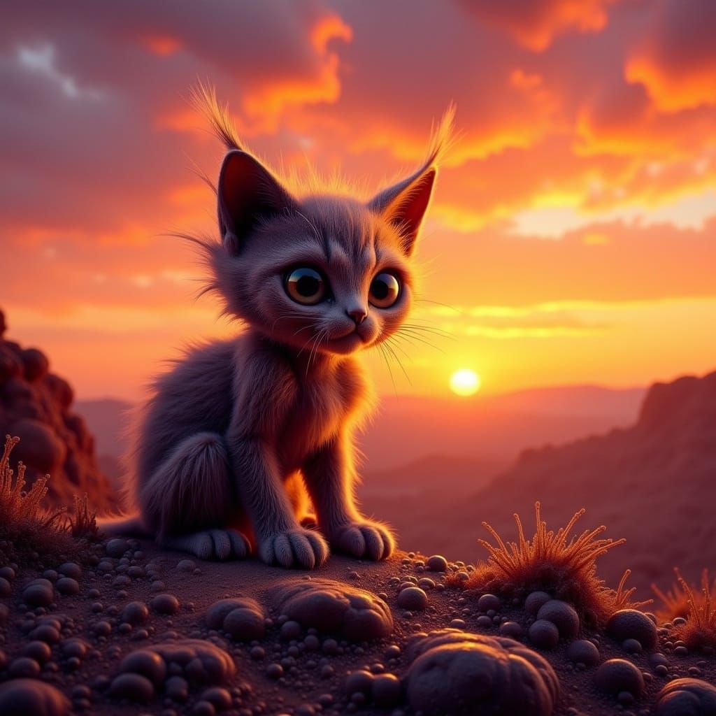 Grumpy Kitten at Sunset in Desert Landscape