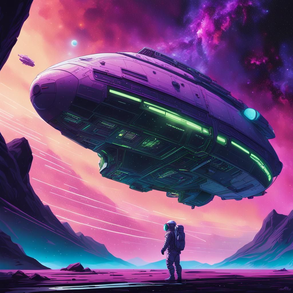 Astronaut Inspecting Alien Spaceship in Sci-Fi Concept Art