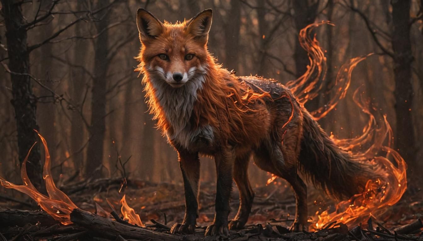 Fiery Fox in Charred Forest: Dark Fantasy 3D Art