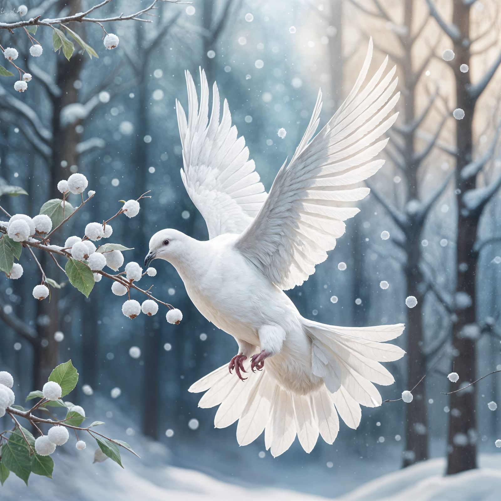 White Dove Soaring Over Snowy Forest in Low-Poly Style