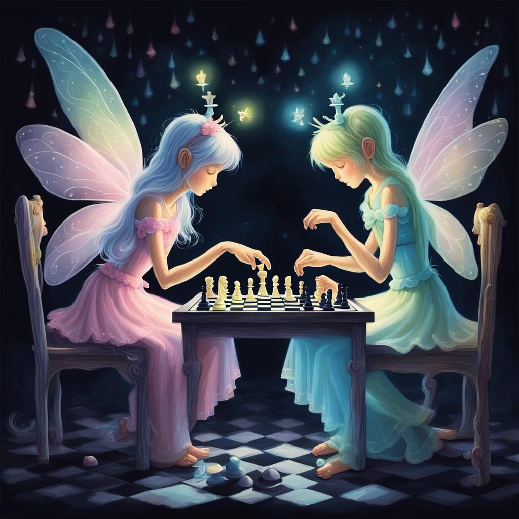Pastel Fairies Play Chess in Dark Room