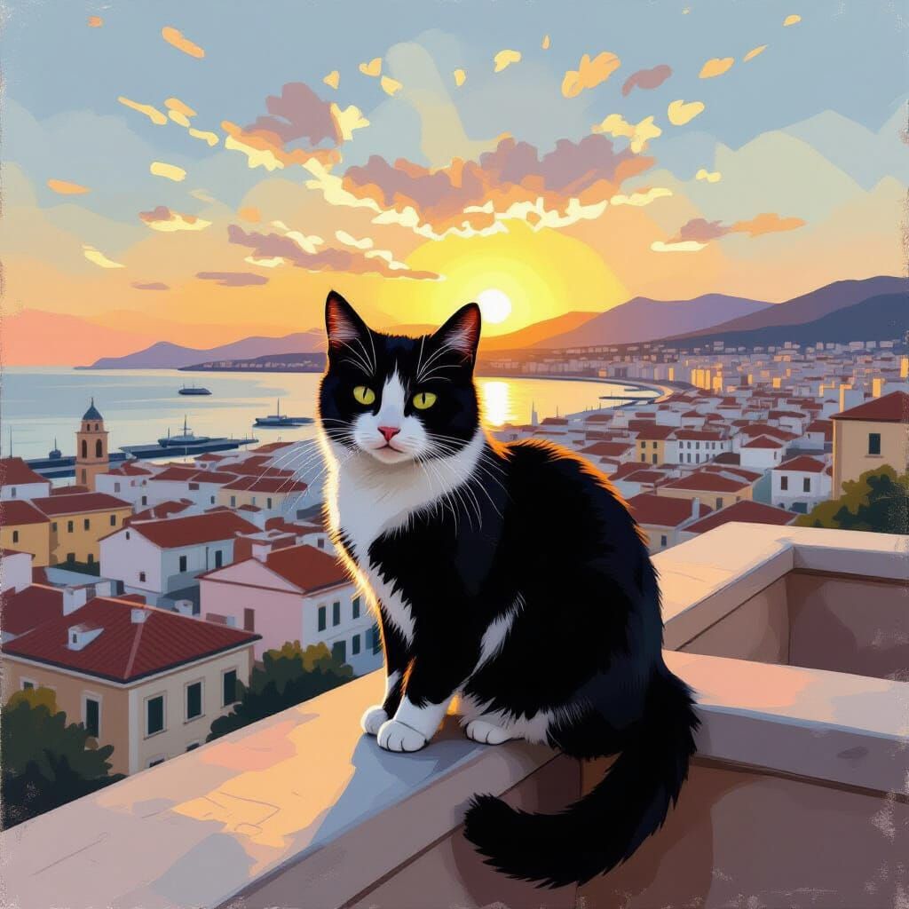 Black and White Cat Poses on Balcony in Cagliari