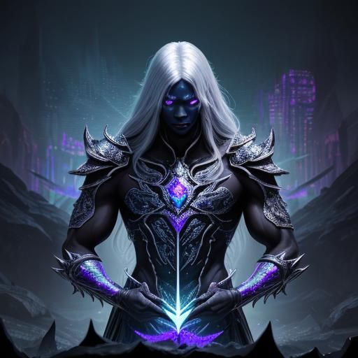 Drow Warrior with Chrome Hair in Psychedelic Art