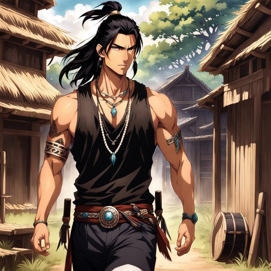 Handsome Man in Native American Village, Anime Style