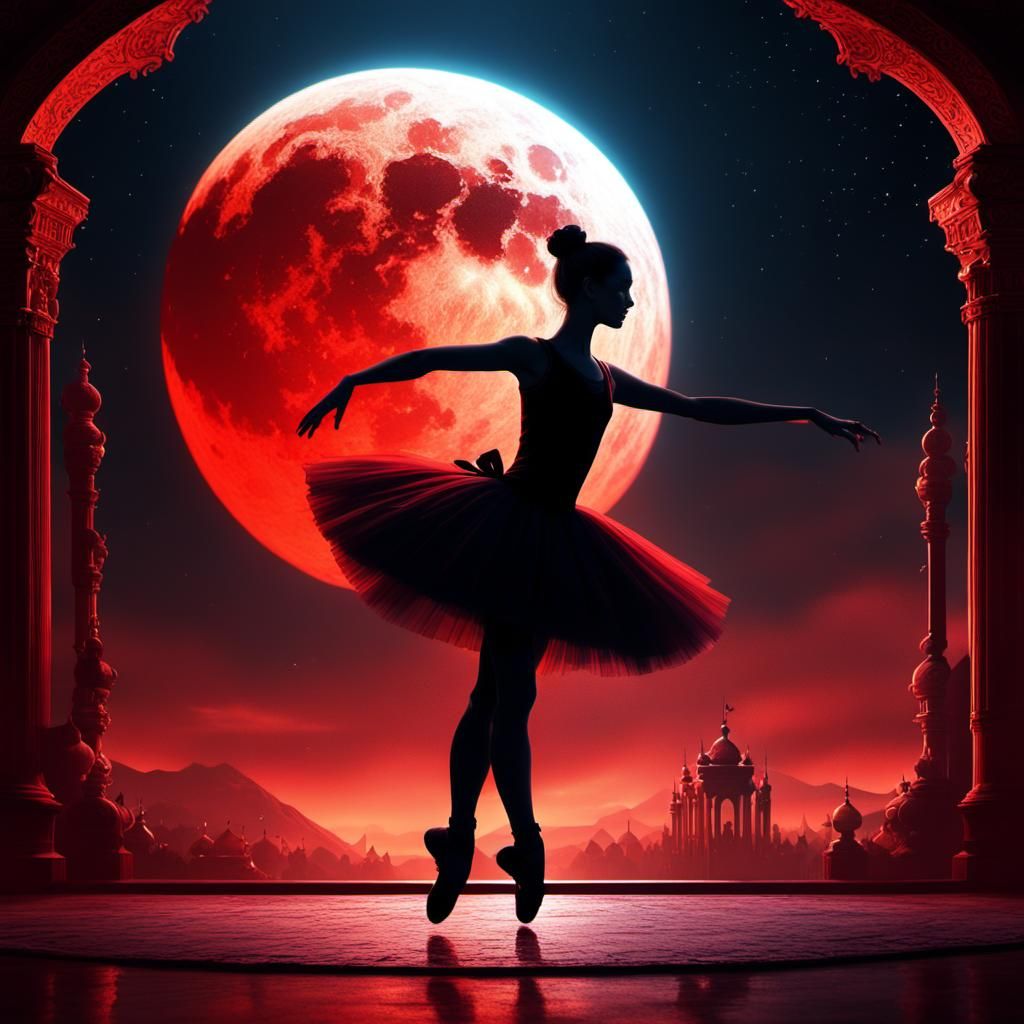Ballerina Dances in Silhouette Against Red Moon