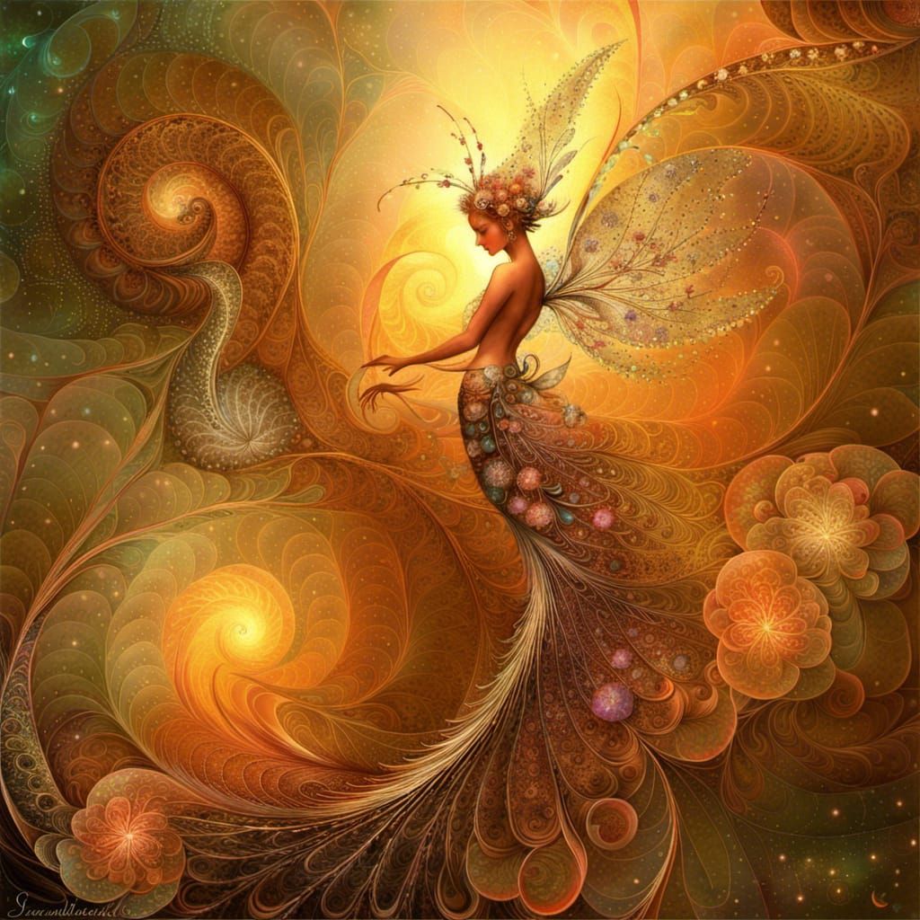 Fire Fairies on Fractal Flowers: Fantasy Art
