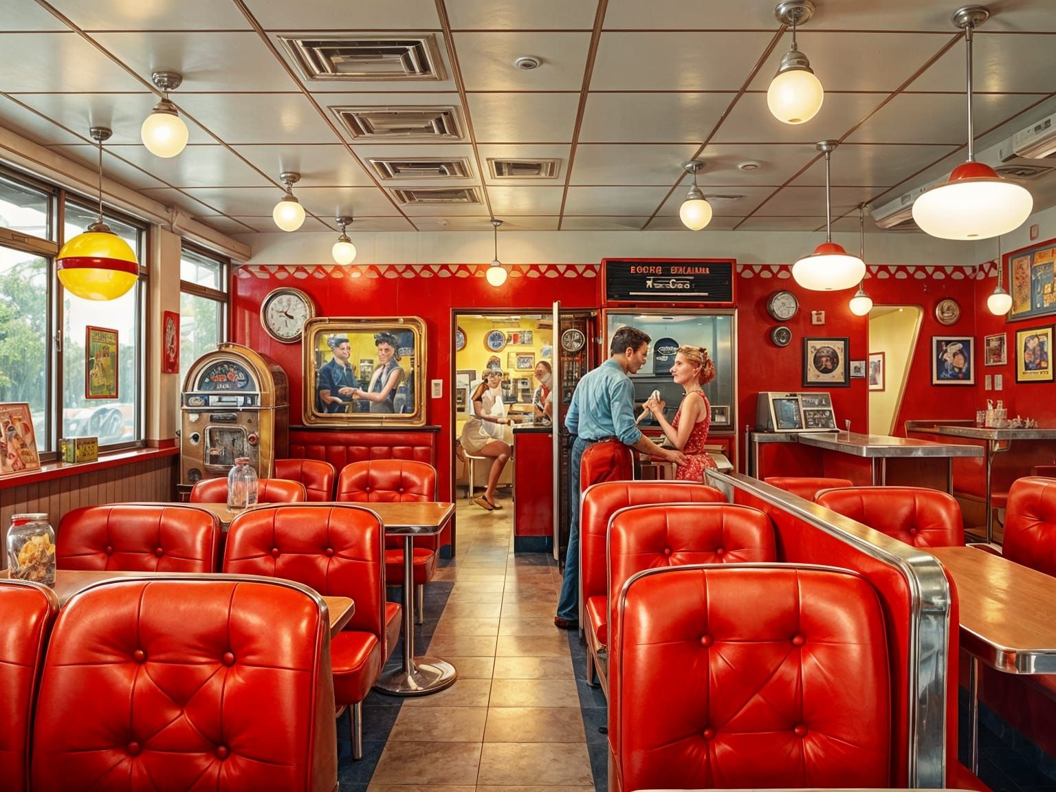 1950s Diner Scene in Vintage Advertising Art Style