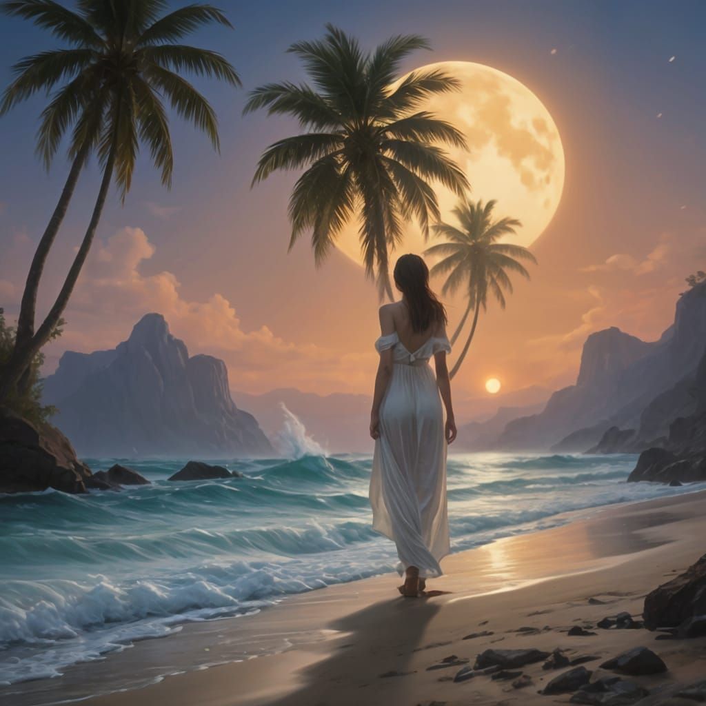 Serene Woman Basks in Golden Beachside Glow Under Full Moon