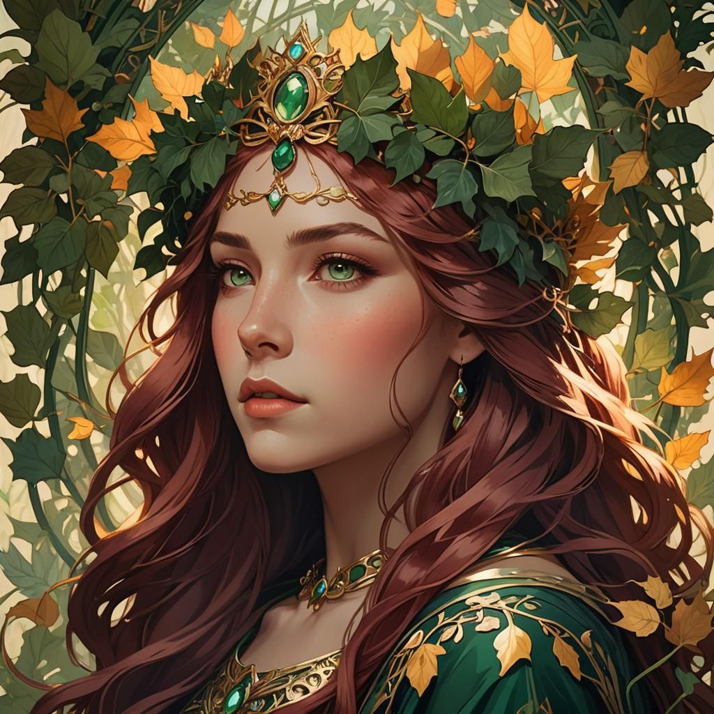 Art Nouveau Portrait of a Woman with Leaf Crown