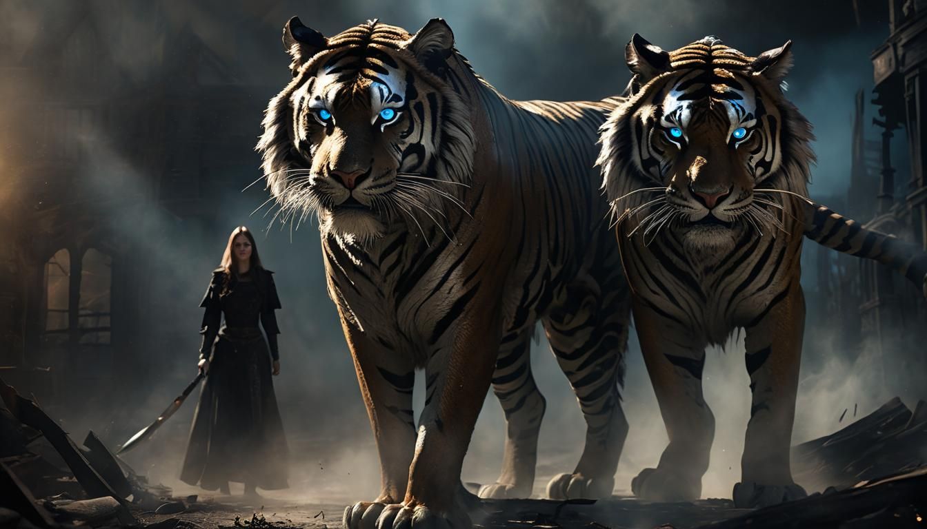 Gothic Witch Protected by Dark Tiger in Dramatic Light