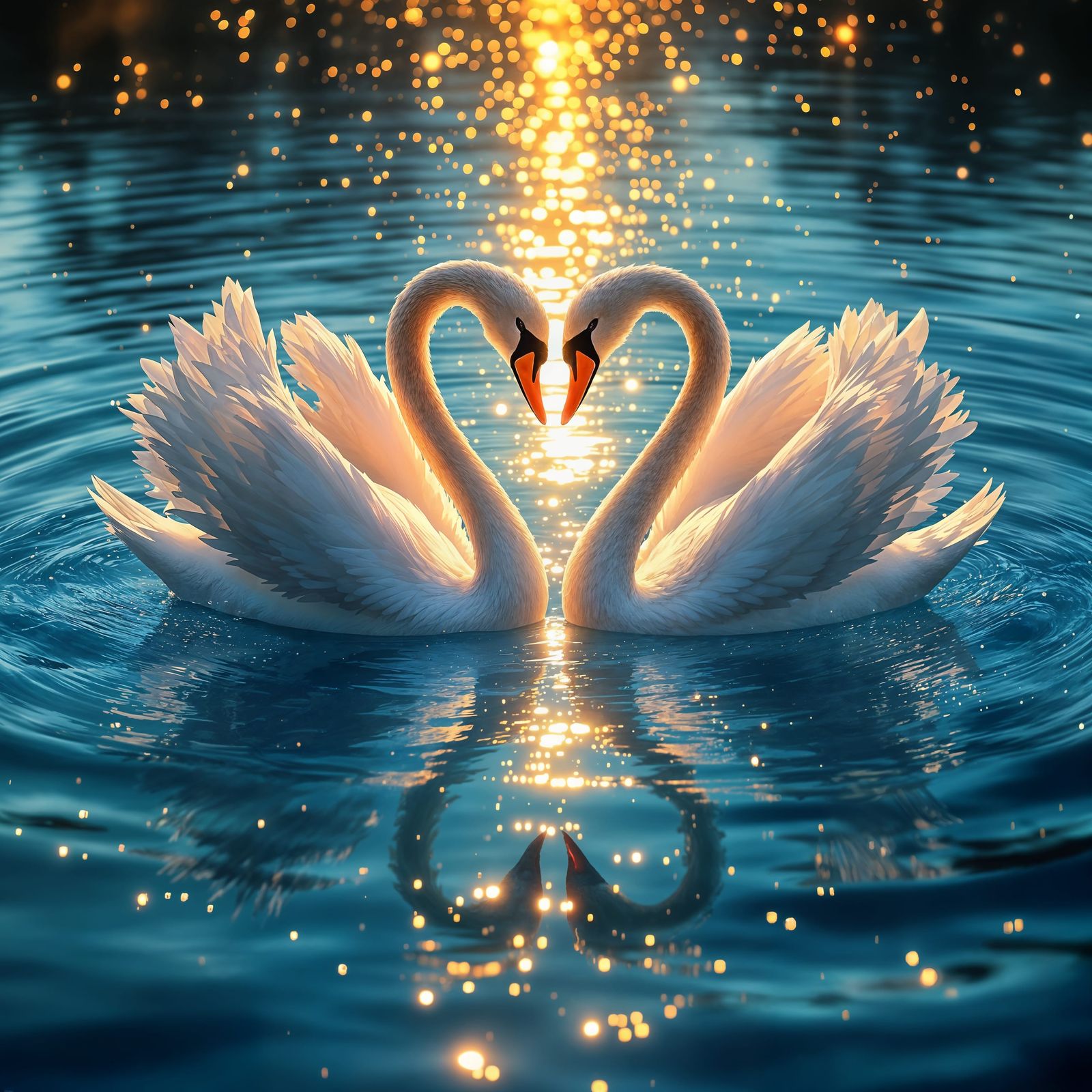 Surreal Swans in Enchanted Sunset Reflections