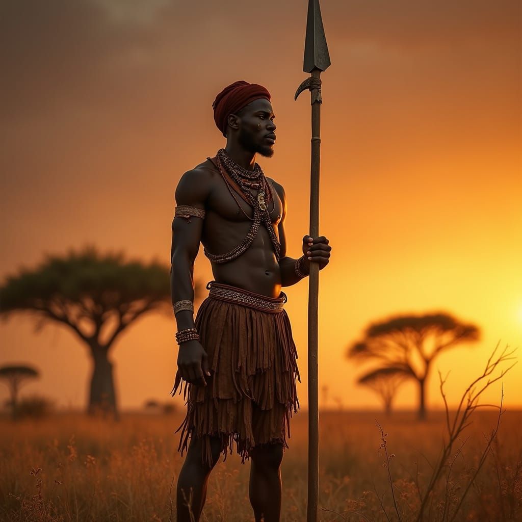 Strong African Warrior Stands Tall in Golden Savannah at Sun...