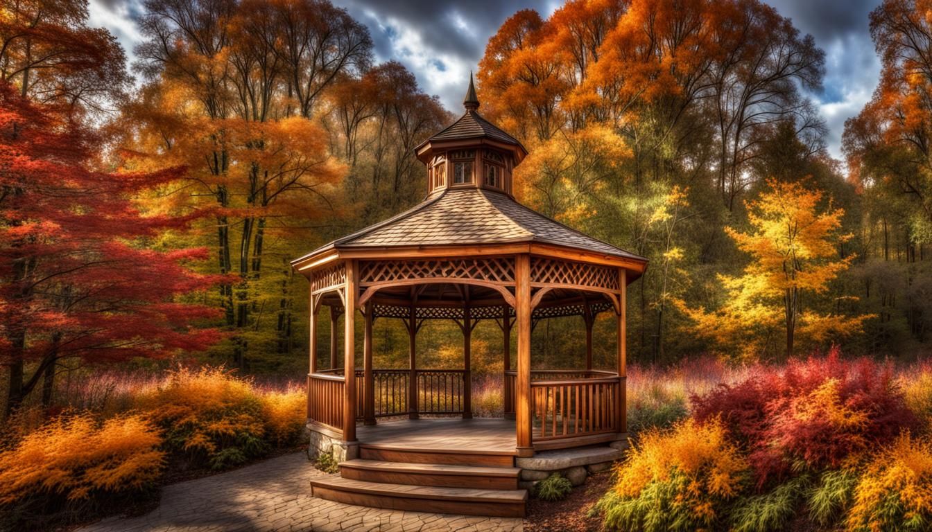 Autumn Gazebo in Deciduous Forest: Hyperrealistic Image