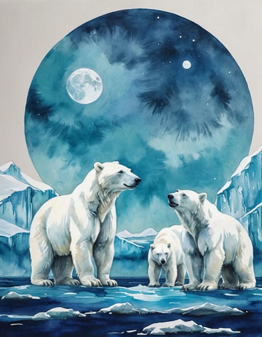Majestic Polar Bear Double Exposure in Gouache Style