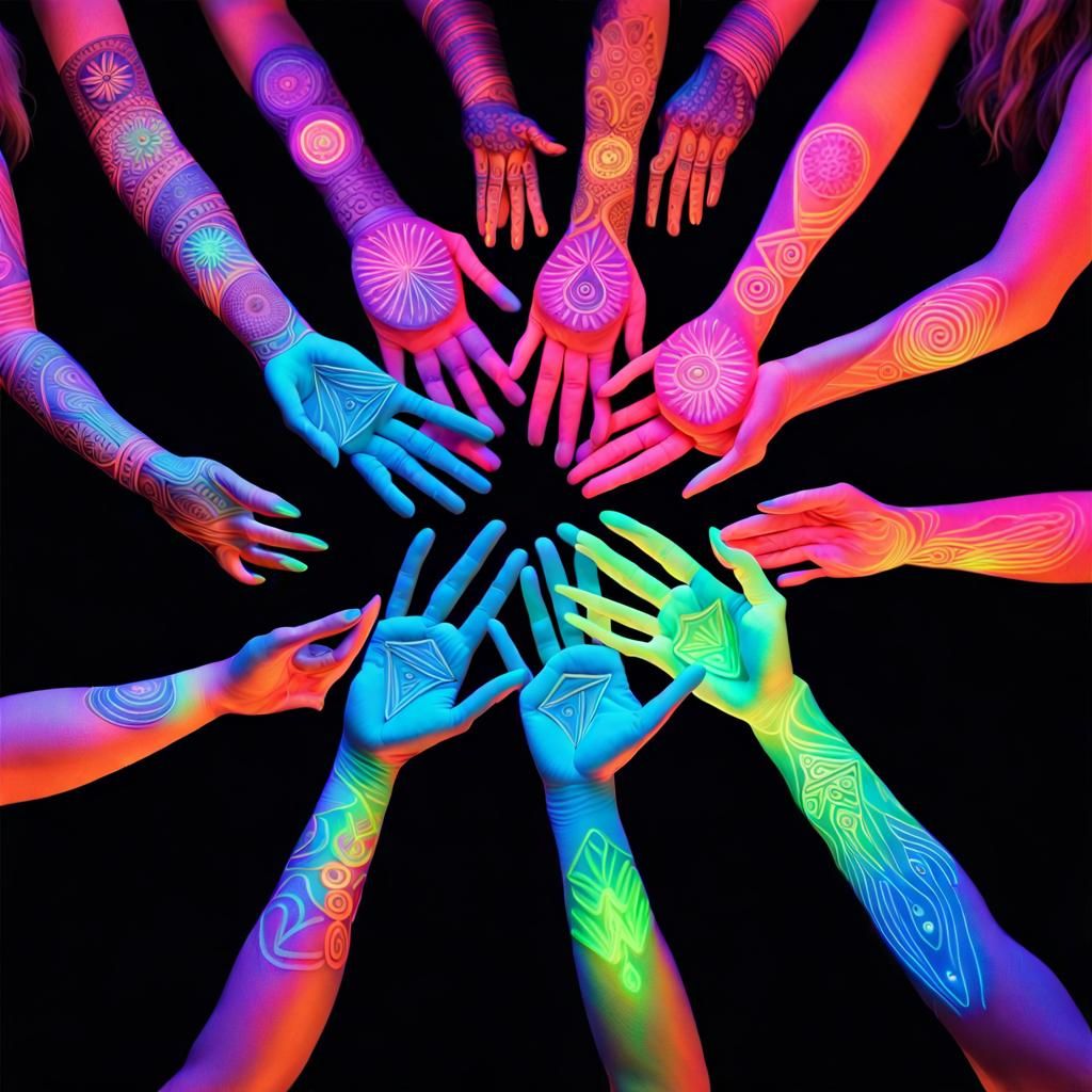 People with Glow Paint in Neon Aztec Style