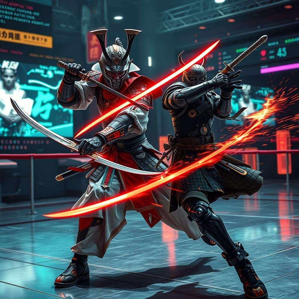 Cyberpunk Shogun Warrior in High-Tech Samurai Armor