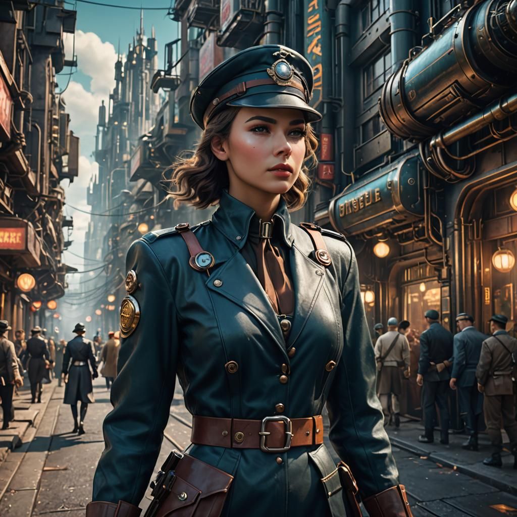 Dieselpunk Woman in Retrofuturistic City, Detailed Matte Pai...
