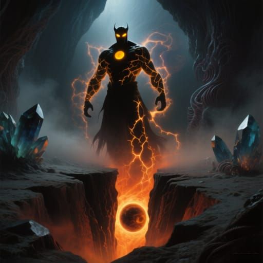 Cosmic Supervillain in Crystal Cave, Cinematic Fantasy Style