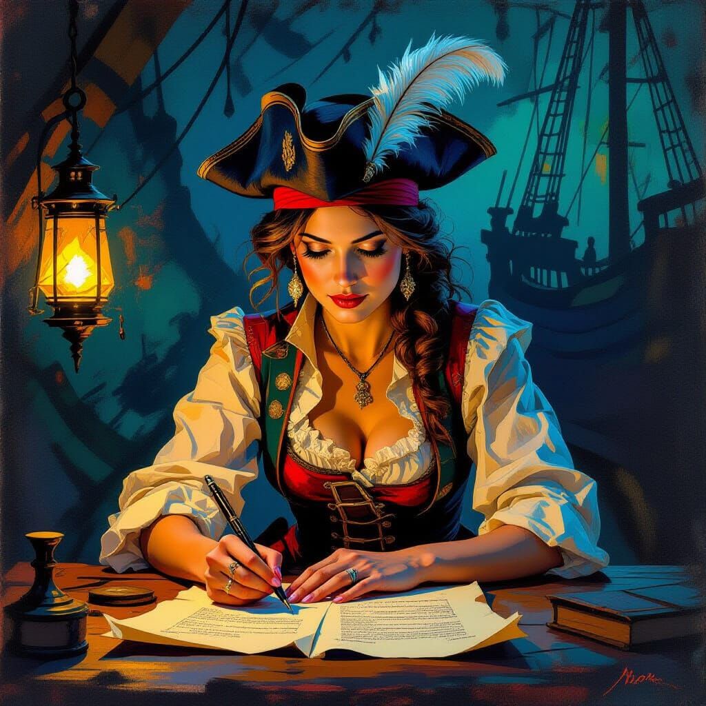 Pirate Woman Plans Ship Attack with Intricate Detail