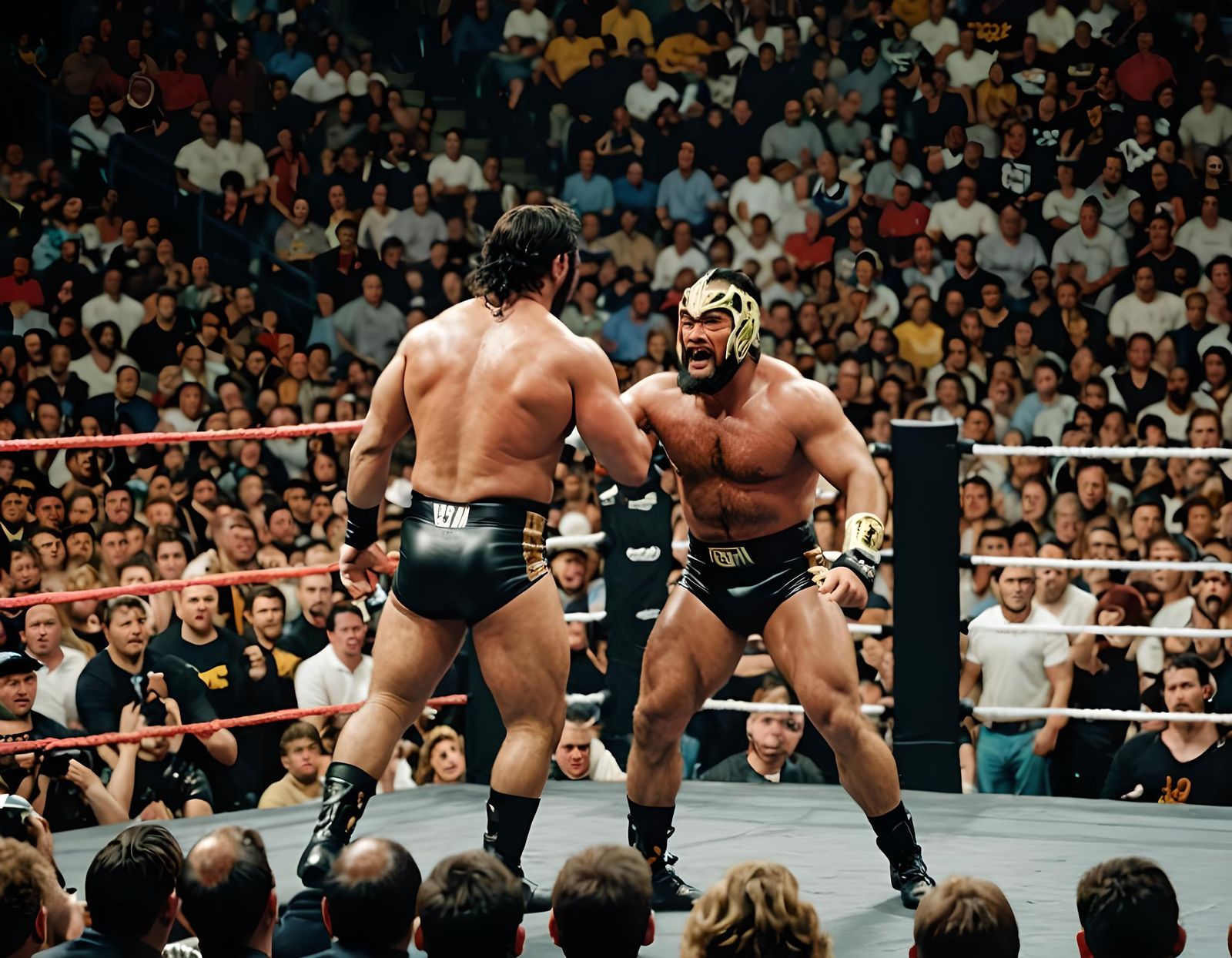 Intense Pro Wrestling Match in Packed Arena