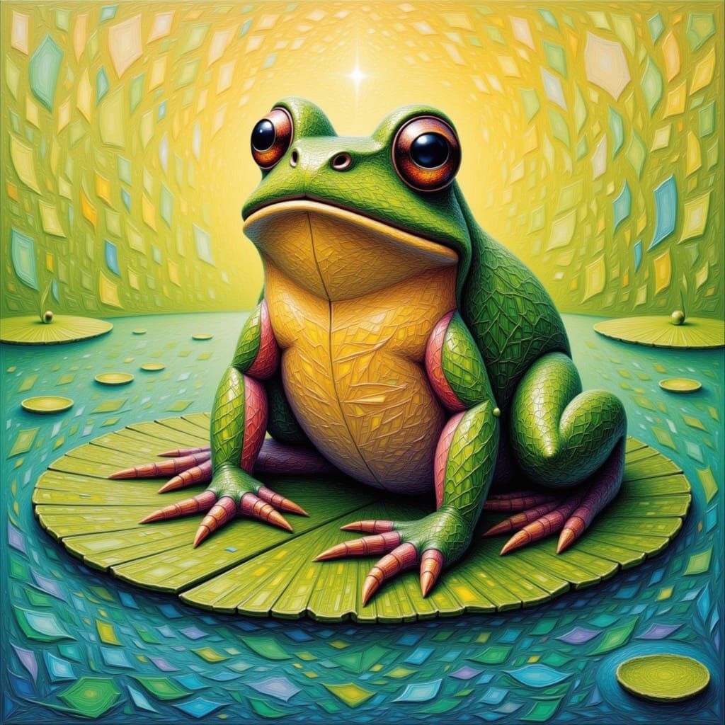 <lora:Geometrix:1.0> image of a frog made from geometrix designs, sitting on a lilypad.