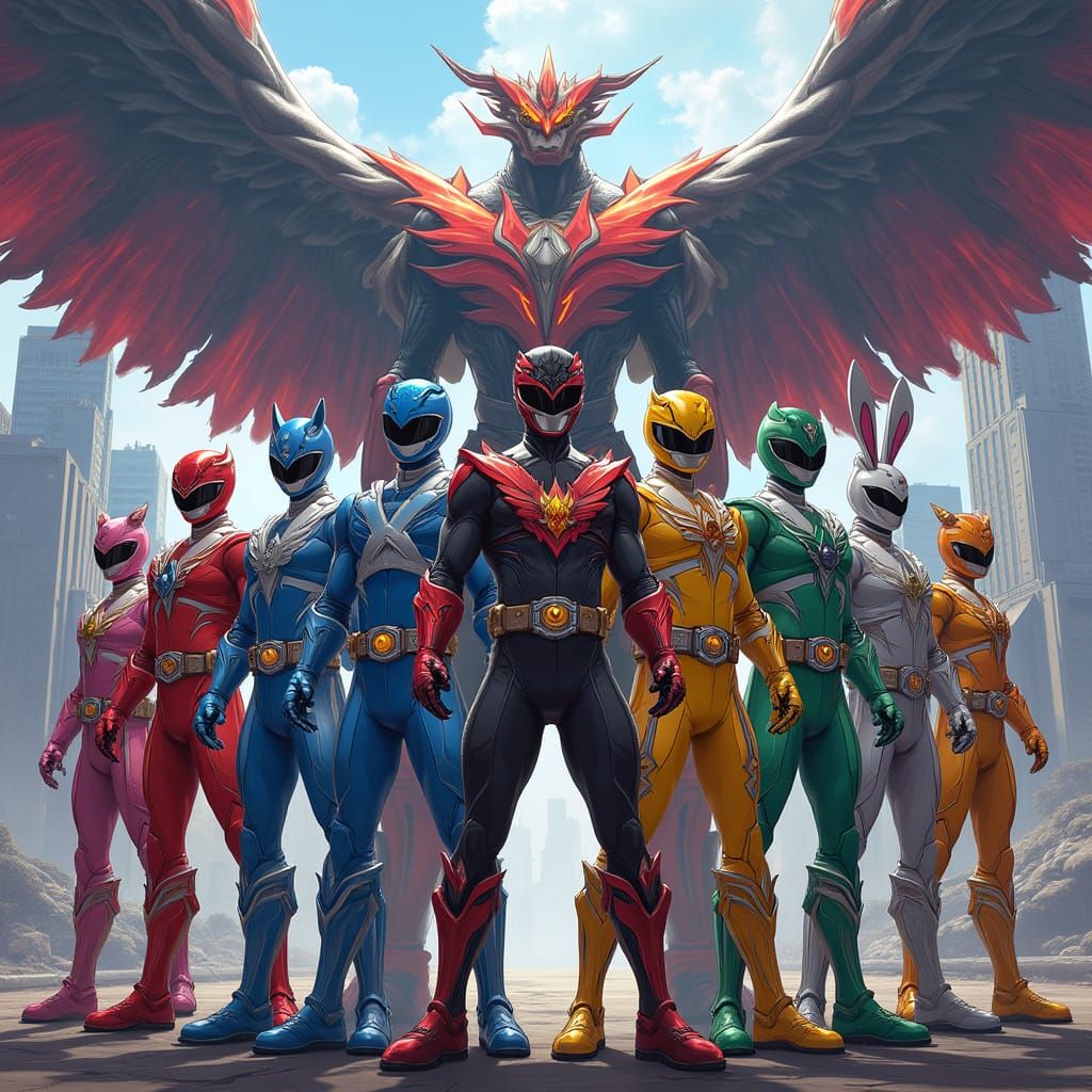 United Power Rangers Unite with Megazord in Vibrant Cityscap...