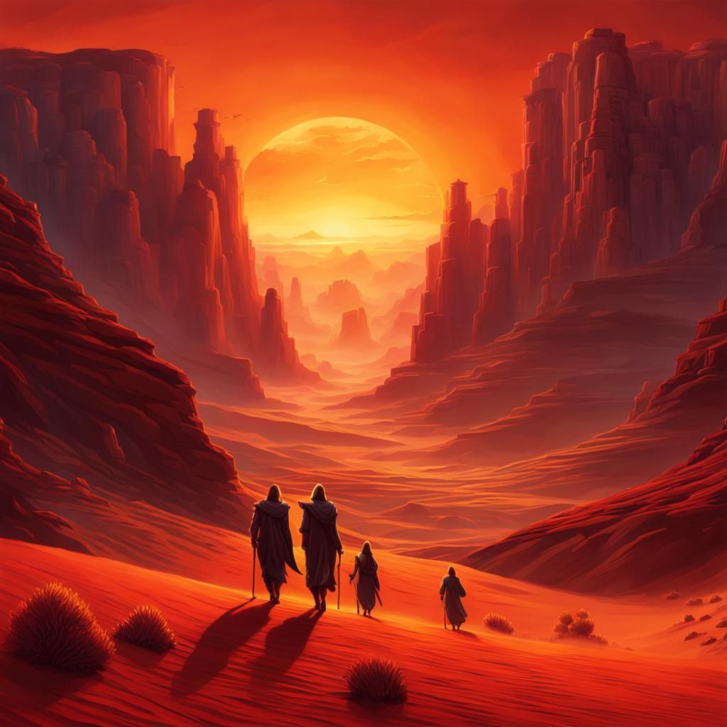 Style of realistic fantasy artwork. The sunrise over a deser...