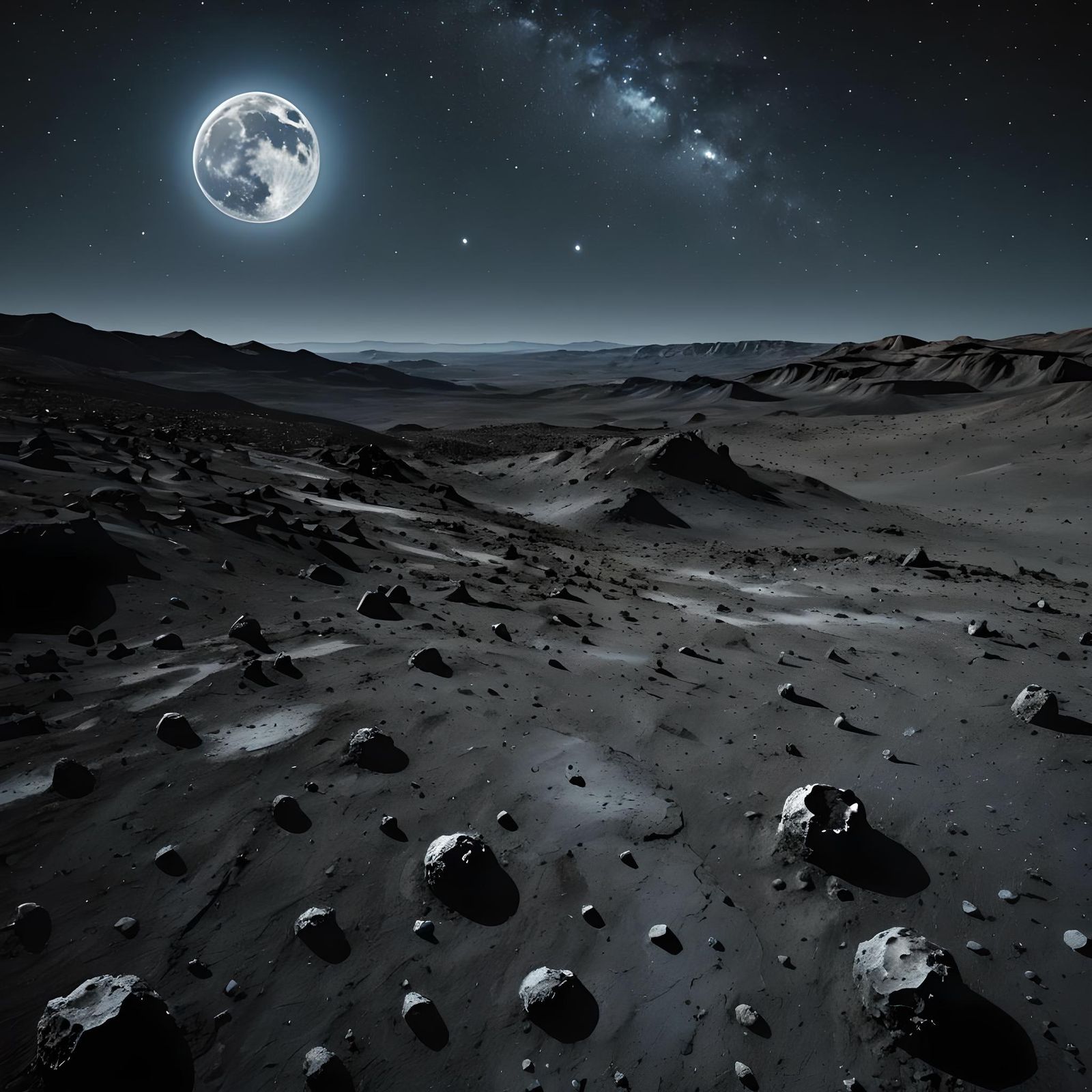 A celestial stage, where shadows dance and stars ignite, the moon, a lonely actor, bathed in silver light.