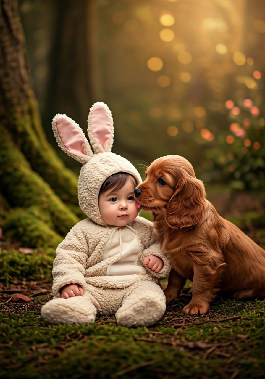 Surreal Whimsical Portrait of a Baby Rabbit in a Forest
