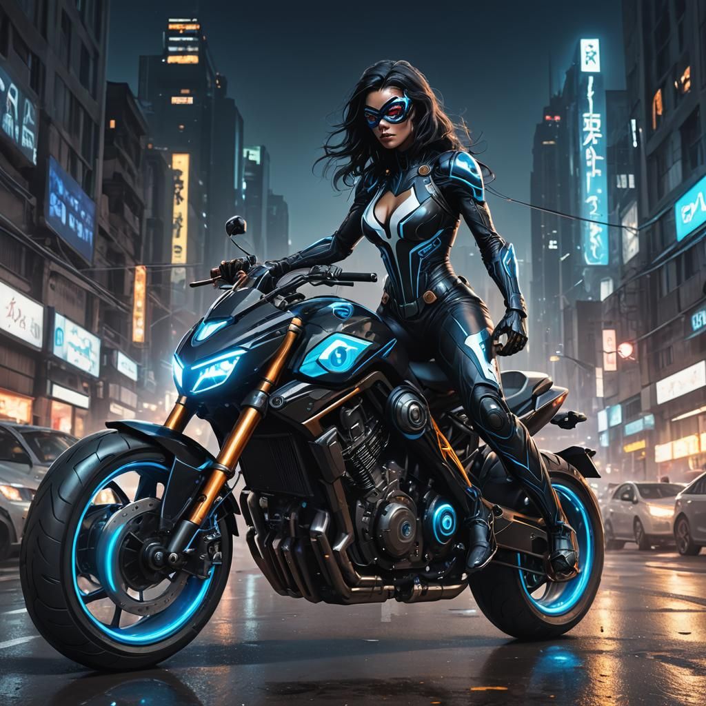 Futuristic Spider-Woman Motorcycle in Metropolis City