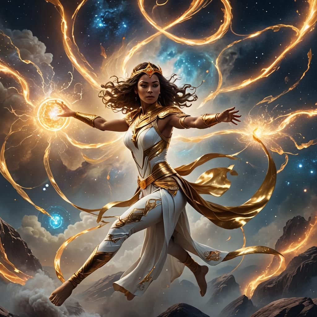 Elemental Princess Superhero Casting Spell in a Nebula