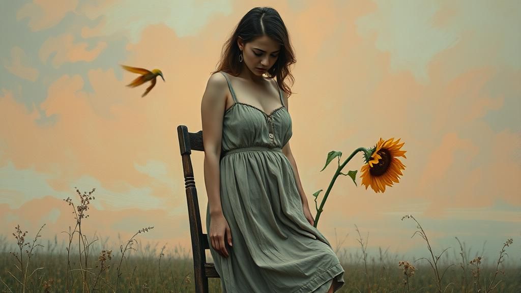 Melancholic Woman with Sunflowers in Dreamlike Landscape