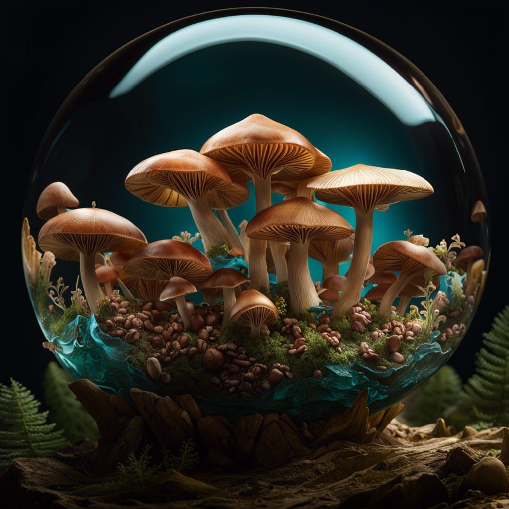 Glass Sphere Mushroom Cluster in CGI Style