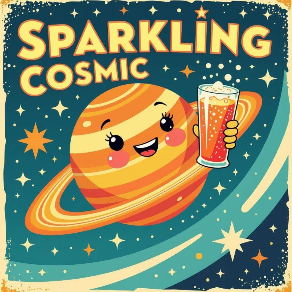 Mid-Century Cosmic Soda Ad with Anthropomorphic Planet