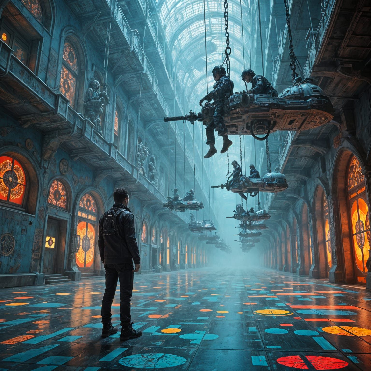 Cryopunk Man Observes Children Playing on Robotic Machines